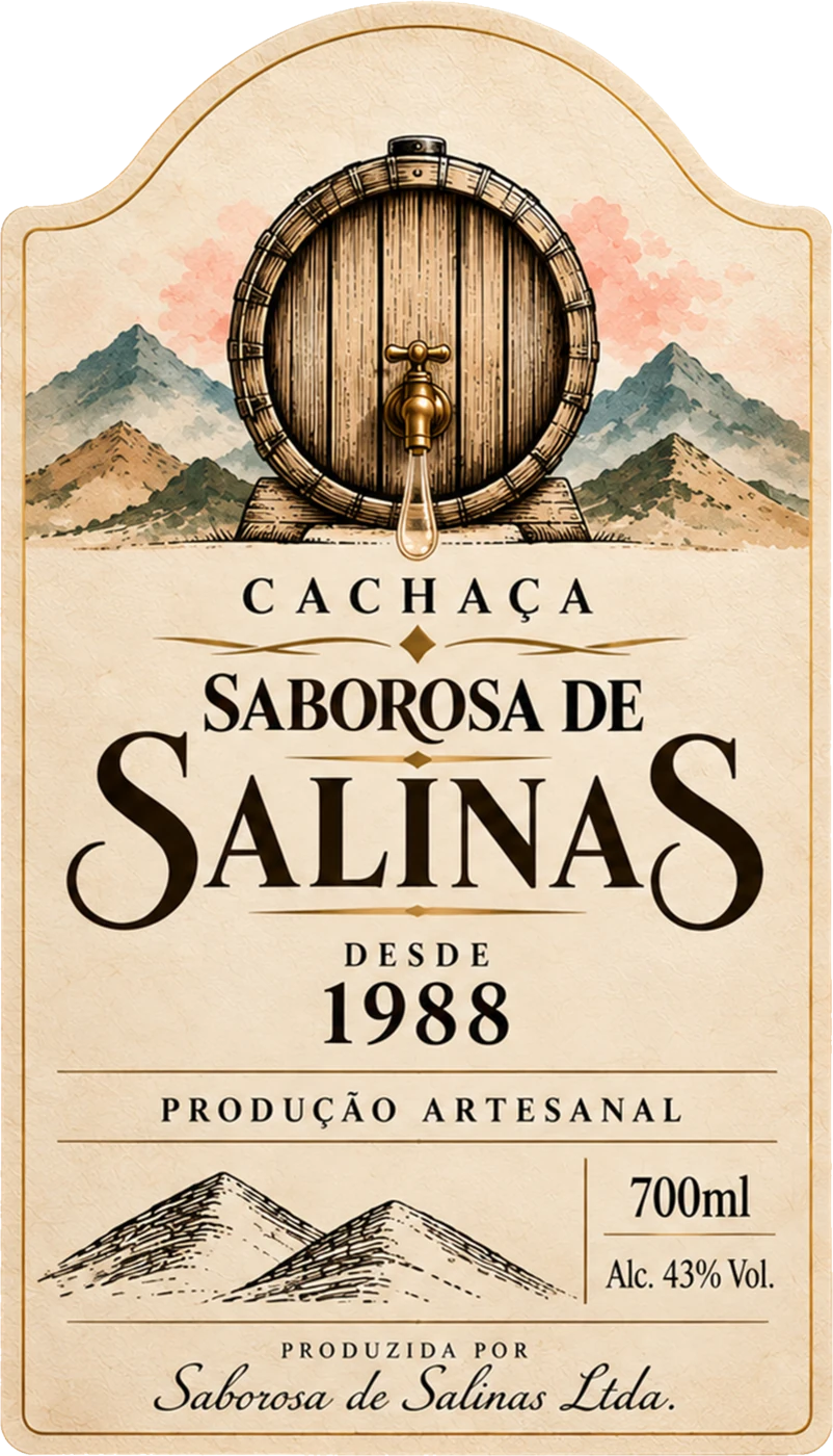 Rótulo frontal novo da Saborosa de Salinas: barril entre montanhas, nome da marca, desde 1988, produção artesanal, 700 ml e 43% vol.