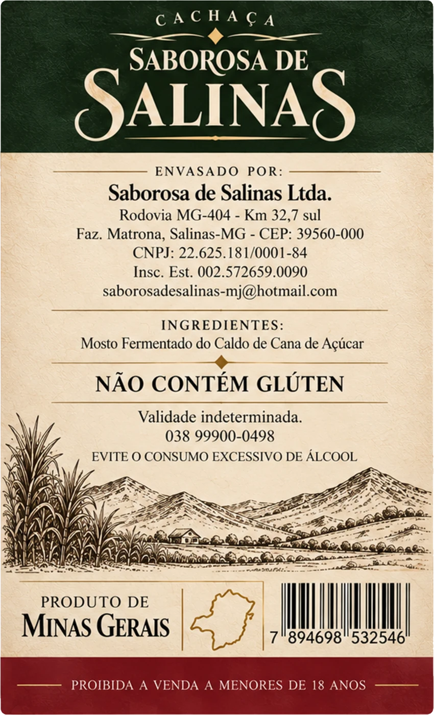 Rótulo traseiro novo: envasado por Saborosa de Salinas Ltda., ingredientes, não contém glúten, gravura de canavial e serra, produto de Minas Gerais e aviso de proibição de venda a menores de 18 anos.
